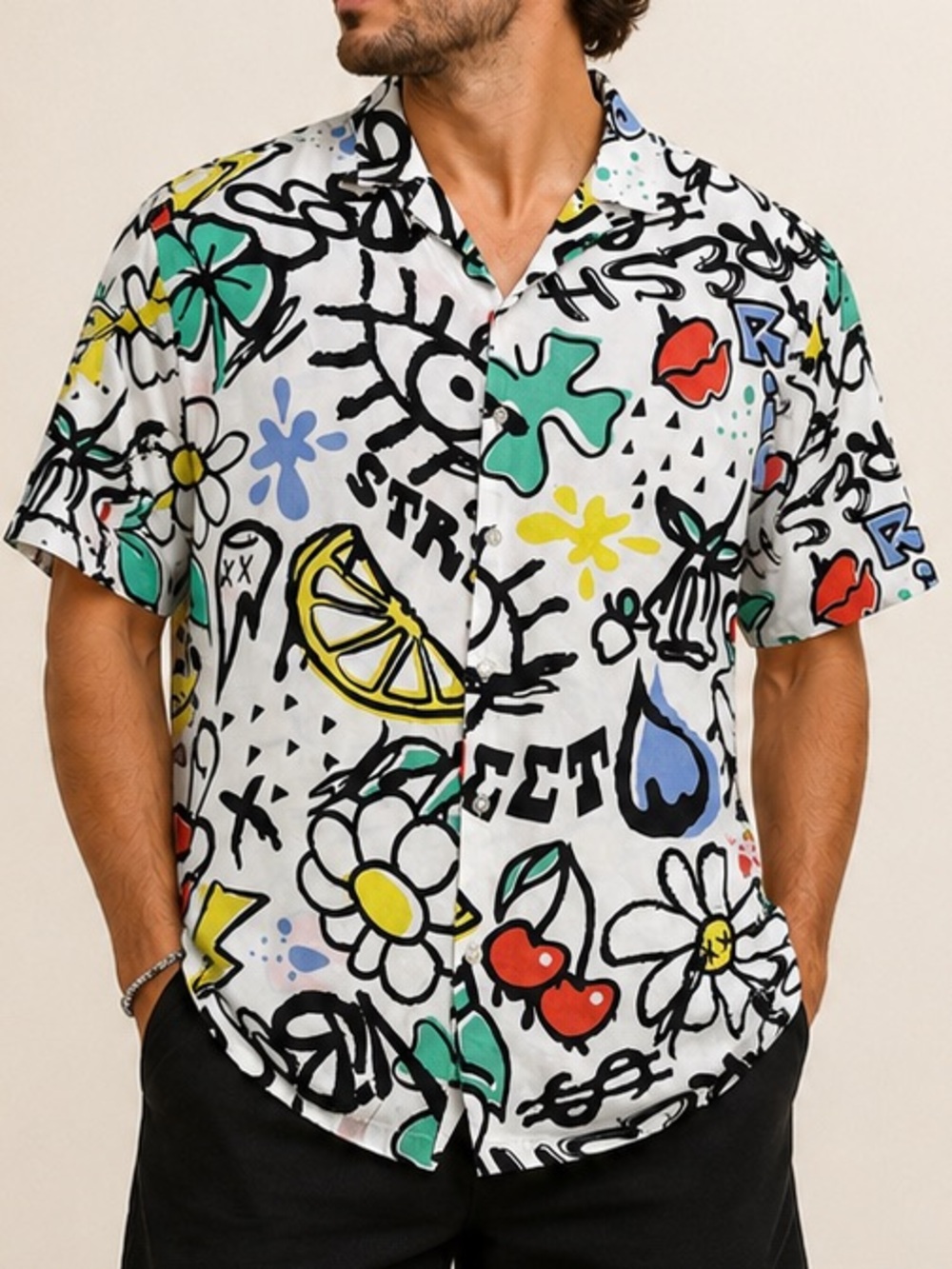 Graffiti Print M Rayon Camp Shirt ButtonUp Streetwear Y2K No Boundaries Dopamine